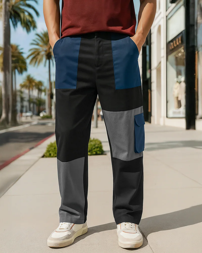 bewakoof Men's Black Color Block Straight Fit Cargo Pants